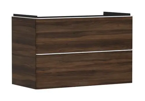 Waschtischunterschrank in dunklem Holzdesign mit zwei Schubkästen, geeignet für einen Waschtisch, präsentiert von Hansgrohe.